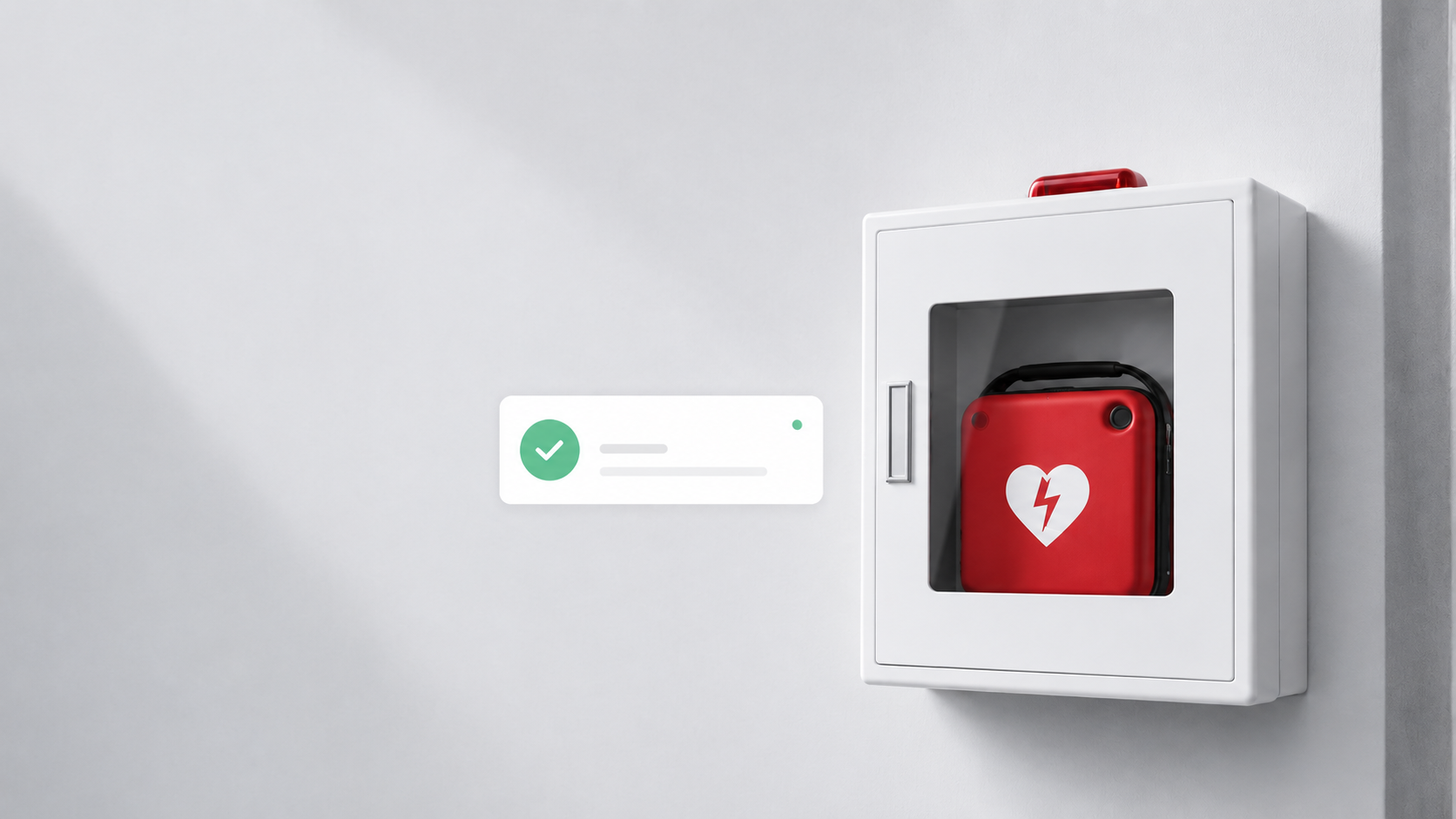 AED cabinet showing a passed status check