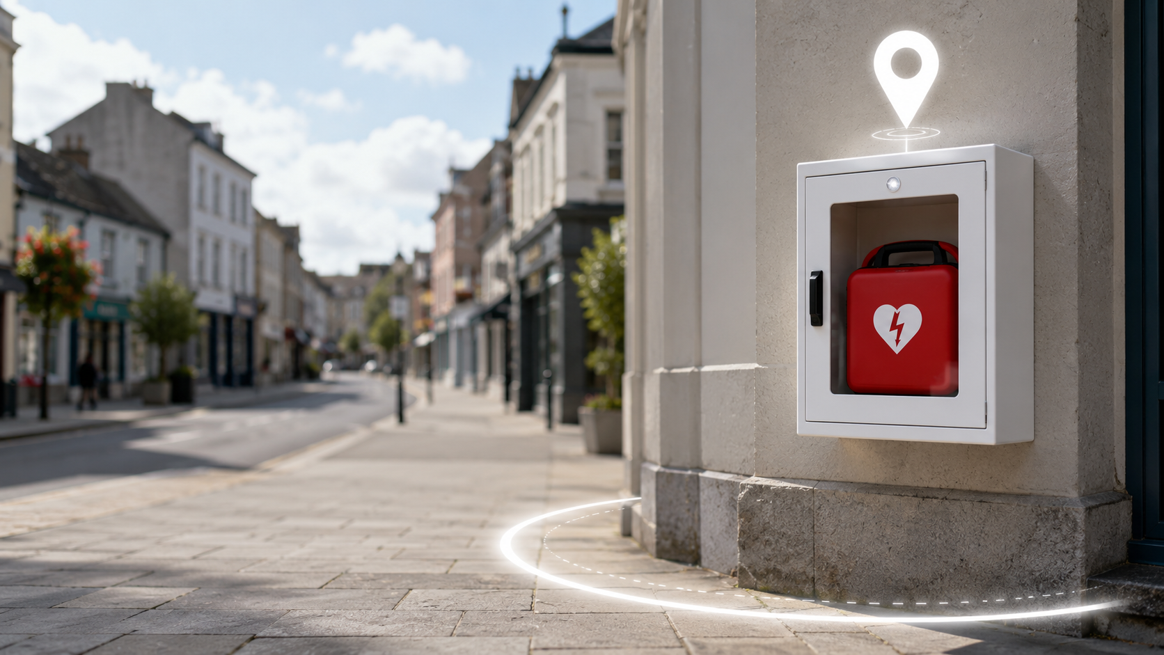 AED cabinet mounted on a town-centre wall with a location pin