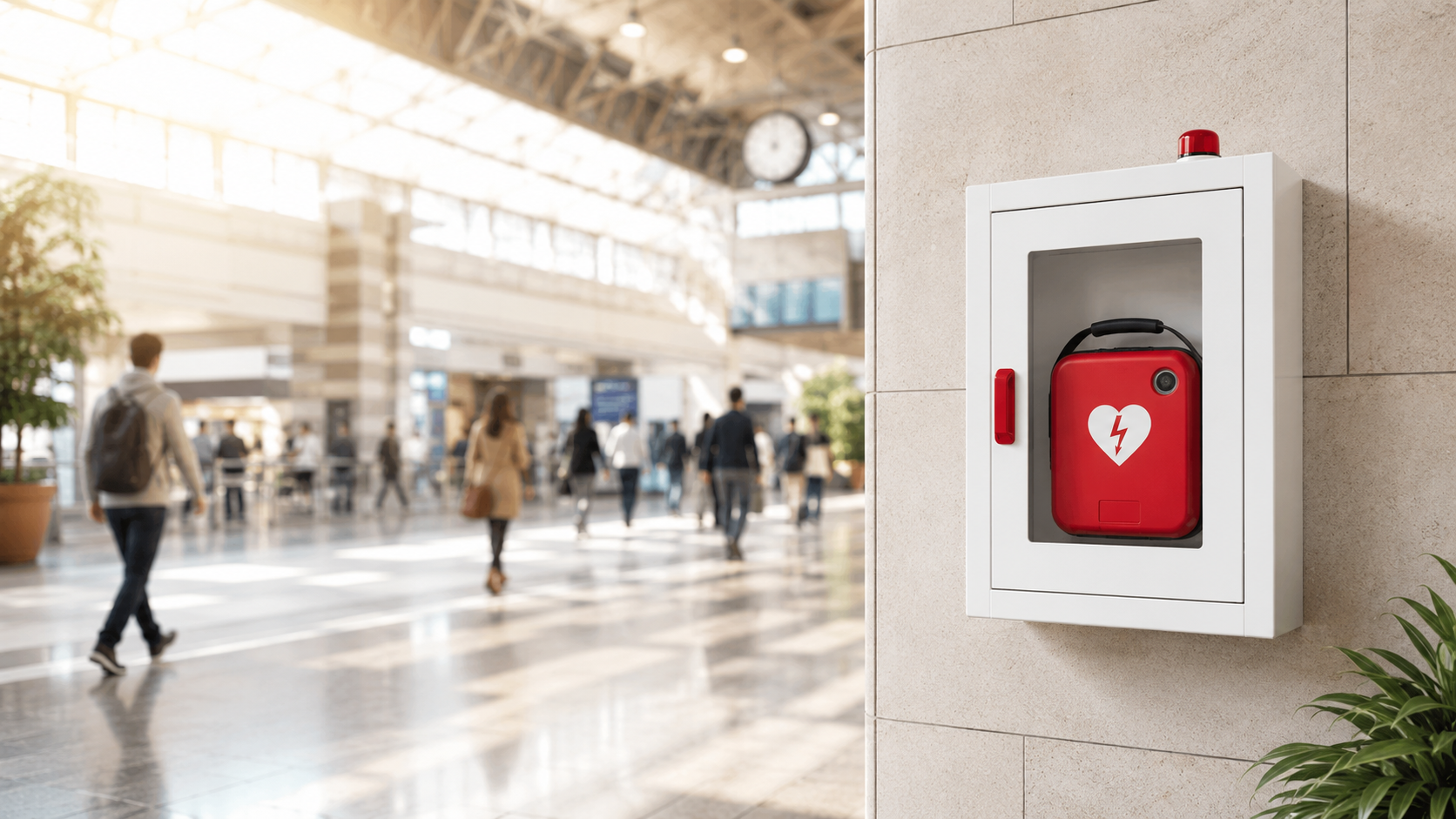 AED cabinet in a busy public station